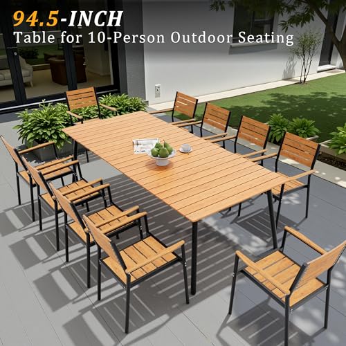VredHom 95" Patio Outdoor Dining Table for 8-10, Weather-Resistant Wood-Grain Top with Aluminum Frame & Umbrella Hole for Deck Gatherings, Brown VredHom