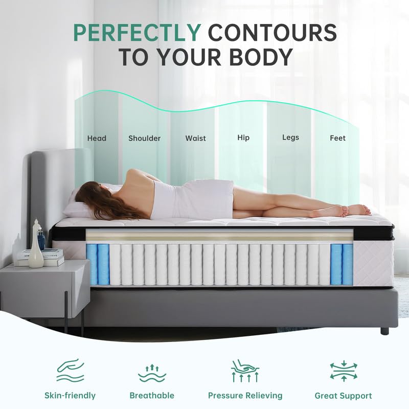 DEHIJU Queen Size Mattress, 10 Inch Hybrid Memory Foam Queen Mattress in a Box with Individual Pocket Spring for Motion Isolation & Pressure Relief, Medium Firm, CertiPUR-US DEHIJU
