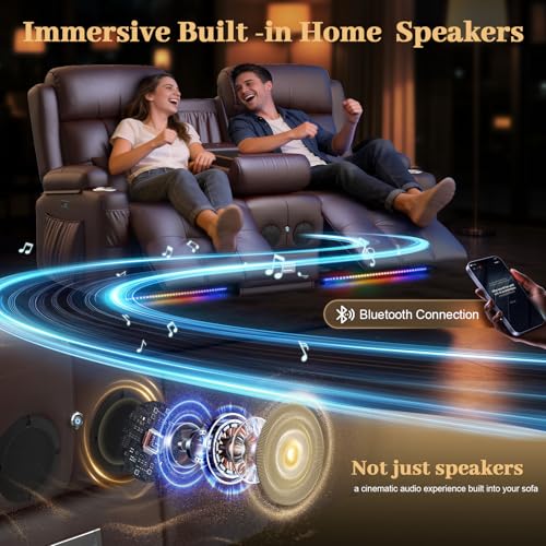 Aotolo Power Reclining Loveseat Sofa with Console, Wall Hugger RV Recliner Couch, Home Theater Seating with Heating & Massage, Bluetooth Speaker, LED Light, USB & Type-C Ports, Storage Armrests