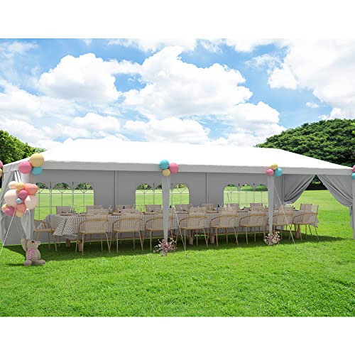 Greesum 10x30 Outdoor Canopy Tent, Patio Gazebo, for Party Wedding BBQ Events with 8 Side Removable Walls, Waterproof Canopies, White Greesum