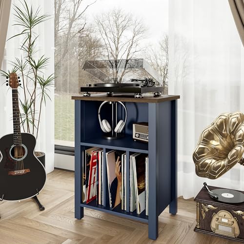 LIDYUK Record Player Stand, Vinyl Record Storage Table End Table with Display Shelf Holds up to 130 Albums, Large Nightstand Wood Turntable Stand Cabinet Side Table for Living Room, Bedroom, Blue LIDYUK