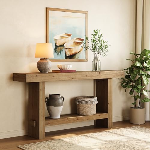 TRIBEWOOD 63-Inch Solid Wood Console Table, 2-Tier Narrow Farmhouse Entryway Table for Hallway, Entrance, Living Room, Behind The Couch,Brown TRIBEWOOD