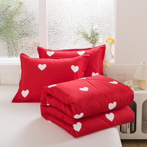 Caressma Love Comforter Set King Size - Cute White Heart Print Red Bedding Comforter 3 Pieces Matching Pillowshams Caressma