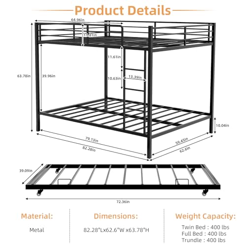 Harper & Bright Designs Heavy Duty Metal Bunk Bed Queen Over Queen with Trundle for 3 Persons, Industrial Bunk Beds Frame with Sturdy Support, Saving Space, Black Harper & Bright Designs
