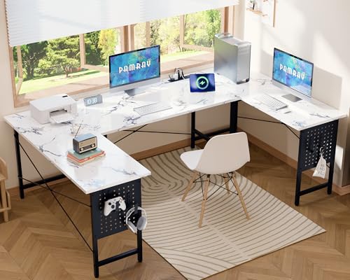 Pamray 71 Inch Large Computer Desk with Power Outlets,U Shaped Corner Desk for Home Office Work and Gaming Marble Pamray
