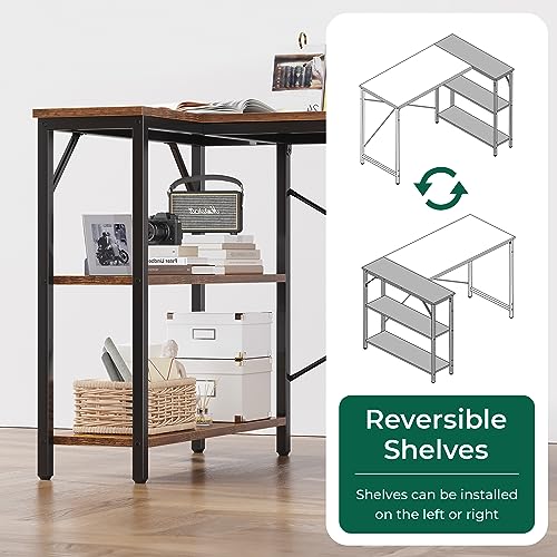 Huuger L Shaped Computer Desk with Reversible Storage Shelves, Gaming Corner Desk for Home Office, Writing Study Desk with Metal Frame, Rustic Brown Huuger