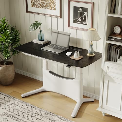 COLAMY Electric Adjustable Standing Desk – 48 x 28 Inch Sit Stand Desk with Drawer & Cable Management, Dual Motor Lift System, Ergonomic Footrest, Home Office Table (Veneer Desktop, Black Oak + White) COLAMY