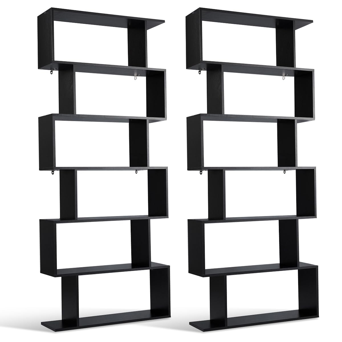 Tangkula 6-Tier Geometric Bookcase, Modern S-Shaped Storage Display Bookshelf for Living Room, Anti-Toppling Device, Home Office Wooden 6 Shelf Open Bookcase (2, Black) Tangkula