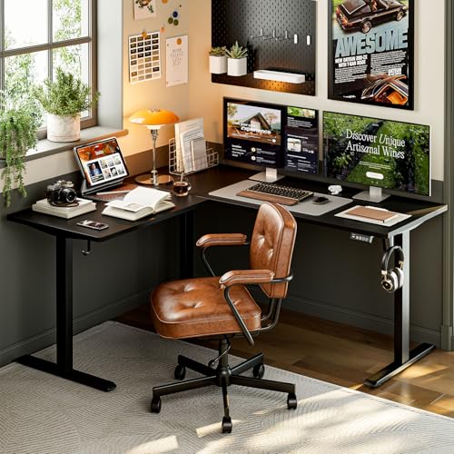 Grandder 63 x 55 Inch L Shaped Standing Desk, Electric Height Adjustable Corner Stand Up Desk, Sit Stand Corner Table Home Office Table, Black Top Black Frame Grandder