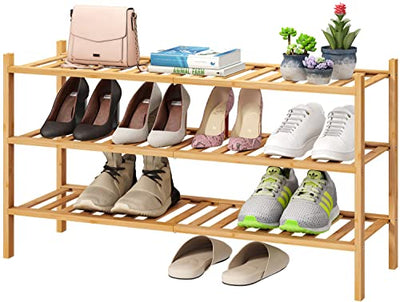 viewcare 3-Tier Long Shoe Rack, Bamboo Wood Shoe Rack for Closet, Entryway & Hallway, Stackable | Beautiful | Functional | Sturdy