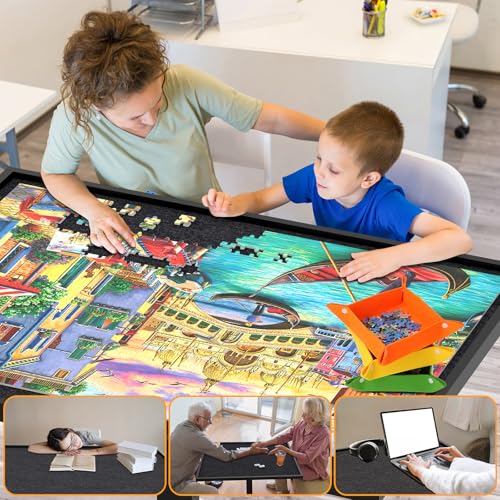 1500 Piece Jigsaw Puzzle Table with Legs,28"x35" Large Puzzle Table for Adults,Adjustable height &12 tilt angles,Wooden Jigsaw Puzzle Board with 4 Puzzle Sorting Trays & Cover,Birthday Gift for Family HEBESPACE