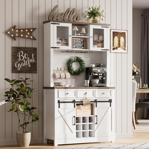 GAOMON 72" Coffee Bar Cabinet with Power Outlets and LED Lights, Sliding Barn Doors, Kitchen Buffet with Wine Storage, Modern Farmhouse, Ample Storage for Home Bar, Microwave, White GAOMON