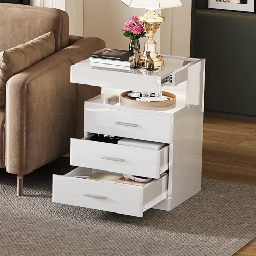 Treocho Led Nightstand with Hidden Space, Modern Night Stand with Charging Station, 3 Drawer Smart Nightstand with Glossy Finish, Tall Bedside Table with RGB Lights for Bedroom, White Treocho