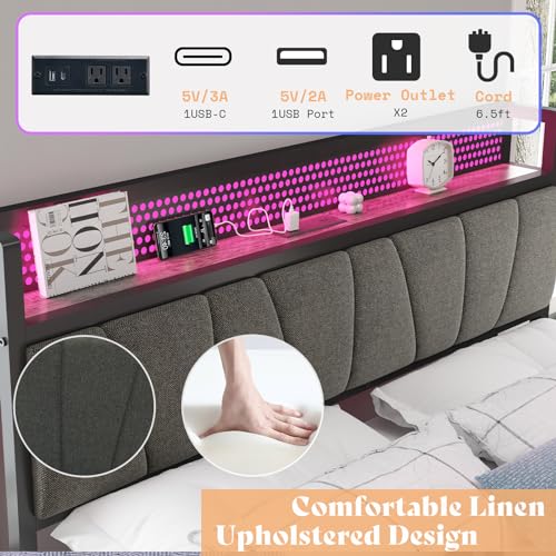 AMERLIFE Queen Size Lift Up Bed Frame with Linen Upholstered & LED Light & Storage Headboard, Platform Bed Frame with Charging Station, No Box Spring Needed, Noisy Free, Rustic Grey AMERLIFE
