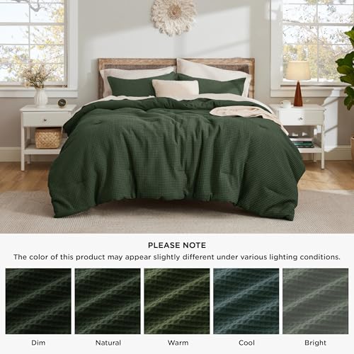 Bedsure Waffle Comforter Set King, Olive Green Soft Bedding, Waffle Weave Bed Set, 3 Pieces, 1 Comforter (104"x90") and 2 Pillow Shams, Cotton Shell and Polyester Lining for All Seasons Bedsure