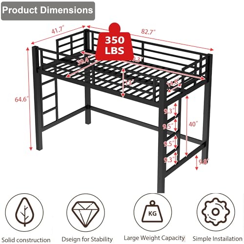 Metal Twin XL Size Loft Bed,Heavy Duty Loft Bed Frame Twin XL Size with 2 Ladders and Full Length Guardrails for Kids, Teens, Adults, Noise-Reducing,Space-Saving,Black Bellemave