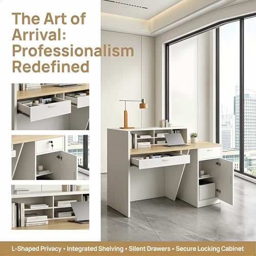ansespl L Shaped Reception Desk with Counter,63/71inch Reception Room Table with Lockable Drawers & Keyboard Tray, for Office, Salon, Hotel & Clinic