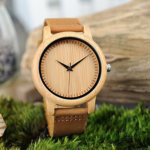 BOBO BIRD Men's Bamboo Wooden Watch with Brown Cowhide Leather Strap Japanese Quartz Movement Sports Casual Watches Gift with Box BOBO BIRD