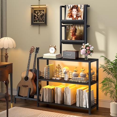 kepptory Tall Record Player Stand with LED Lights, Display Shelf Bookshelf with Guitar Stand, Floor Lamp with Shelves, Vinyl Holder and Adjustable Stand, for Living Room Bedroom(Black) kepptory