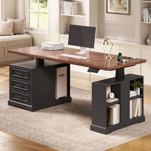 SEDETA Farmhouse Electric Standing Desk, 63" Height Adjustable Computer Desk with 3 Drawers, Storage Shelves, Power Outlets, Wood Home Office Stand up Desk for Work, Study, Writing, Black SEDETA