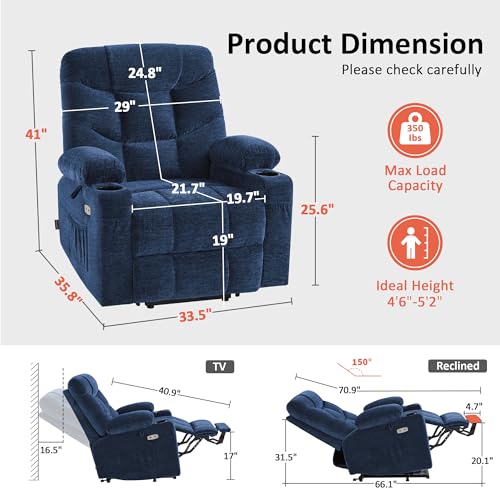 MCombo Power Lift Recliner Chair for Elderly, Electric Lift Chair with Extended Footrest, USB Ports, Cup Holders, Fabric 7281 (Navy Blue, Small)