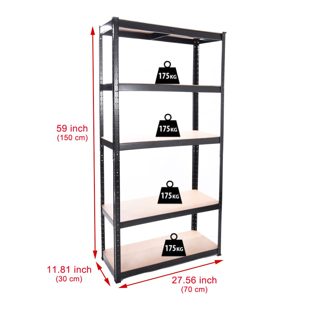 Panana Storage Shelves 5 Tier Garage Shelving 1.5M Metal Racking Shelf Storage Shelving Unit 59" Hx27.56 Wx11.81 D Utility Rack Shelf Unit for Warehouse, Kitchen,Workshops,Garden Offices (Black) Panana