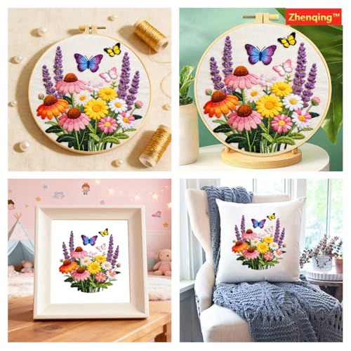 Zhenqing Flower Garden Embroidery Kit for Beginners, Pre-Printed 29x29cm Circular Cotton Fabric with 20cm Hoop, Vibrant Design with Butterflies and Lavender(JC0050