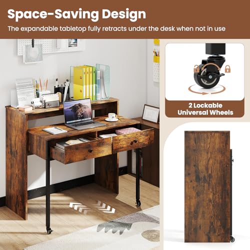Giantex Small Computer Desk with Hutch & Drawers, Extendable Writing Desk w/Pull Out Secondary Table, Monitor Stand & Rolling Wheels, Console Table, Compact Desk for Small Spaces (Rustic Brown) Giantex