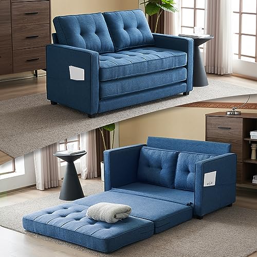 VINGLI Upgraded Loveseat Sleeper, 53.5" W 80" L Convertible Sofa Bed Couch Futon Couches for Living Room, Folding Couch Bed for Small Spaces, Foldable Floor Gaming Sofa Bed for Basement, Navy Blue VINGLI