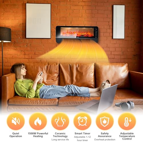 Electric Fireplace Heater for Indoor Use, Floor or Wall Electric Space Heater, 1500W 3D Flame Effect with Remote Control 12H Timer, Portable Air Conditioning Heater, Easy-Mount for Bedroom Office HUNKING