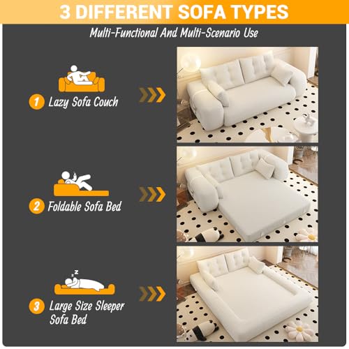 78.7" Folding Sofa Bed Queen, Foldable Floor Futon Sofa Sleeper, Convertible Boneless Mattress, Loveseat Cloud Couch for Home Living Room, Bedroom, Lounge, Apartment and Small Spaces, Beige Teddy Tmsan