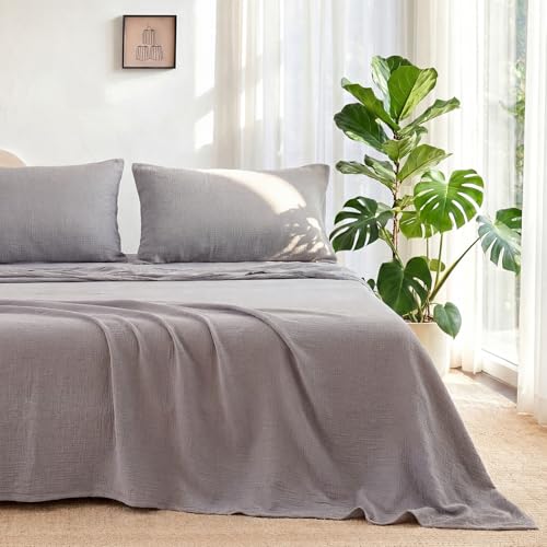 LUTBM King Sheet Set 100% Cotton Bed Sheets Gauze 4 Pcs Grey King Muslin Sheets Set 16" Deep Pocket Sheet & Pillowcase Sets Breathable Boho Soft Bedding Sets for All Season LUTBM
