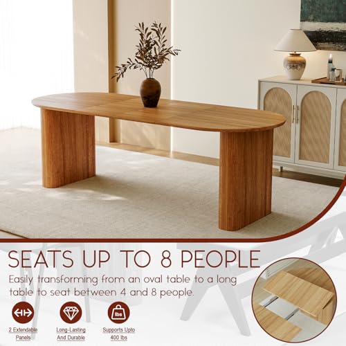 HMHKHN 90" Extendable Dining Table for 4 to 8, Oval Wooden Extendable Dining Room Table with Curved Fluted Wood Strip Base for Home (Natural, Table with 4 Panels) HMHKHN