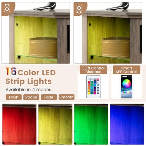 Tangkula Fireplace Corner TV Stand with LED Lights & Smart APP Control for 50 Inches TV, Entertainment Center with Adjustable Glass Shelves, 18” Electric Fireplace, Remote Control, Thermostat Tangkula