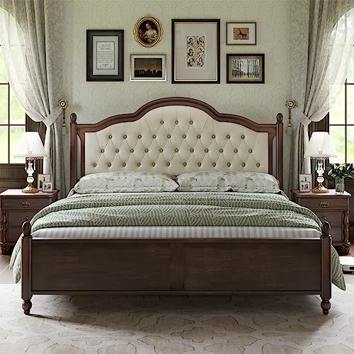 AMERLIFE King Size Solid Wood Bed Frame, Transitional Platform Bed with 52.5" Upholstered Tufted Headboard, Rubberwood/Roman Column Accents/Wood Slat Support/No Box Spring Needed AMERLIFE