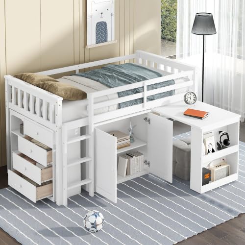 KEIKI Twin Size Low loft Bed with Pull-Out Desk, Rubber Wood Loft Bed with Storage Cabinets & Drawers & Shelves, Low Twin Bed for Kids, White KEIKI