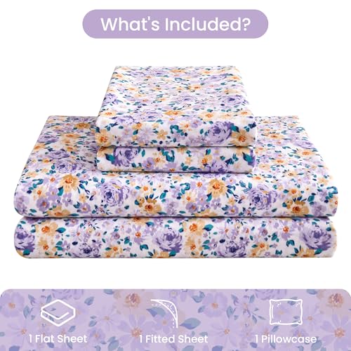 Mooreeke Floral Twin 3 Pieces Bed Sheets, Soft Microfiber Bedding Sheets & Pillowcases, Deep Pocket Non-Slip Vintage Twin Sheet, Purple Yellow Flower Pattern Bedsheets Mooreeke