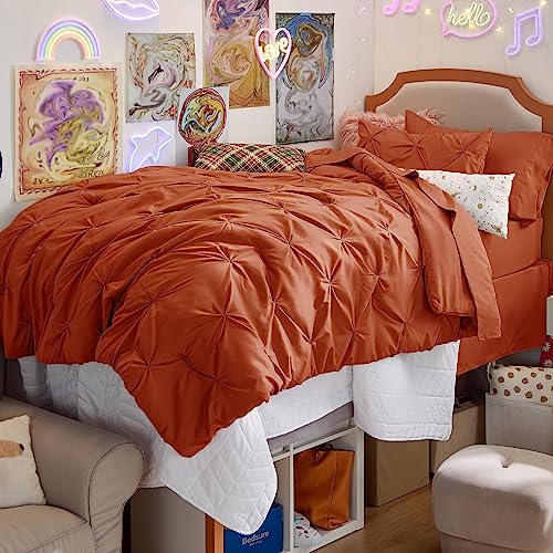 Bedsure Twin Comforter Sets - 5 Pieces Pintuck Bedding Sets Twin Size, Pinch Pleat Burnt Orange Bed in a Bag Twin with Comforter, Sheets, Pillowcase & Sham Bedsure