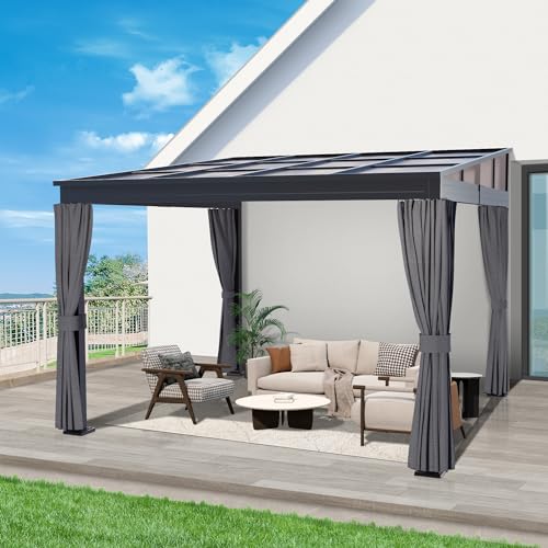QZEN 10' x 10' Hardtop Lean to Gazebo, Wall Mounted Gazebo with Sloping Polycarbonate Roof and Netting & Curtain, Aluminum Frame Gazebo for Garden, Lawn, Backyard Deck (10’x10’) QZEN