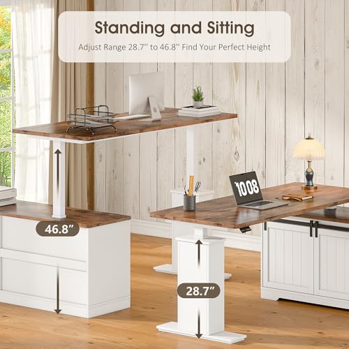 Whalefall L Shaped Standing Desk with Drawers, Height Adjustable Farmhouse Executive Computer Desk, Corner Desk with Cable Management and File Storage for Home Office, White Whalefall