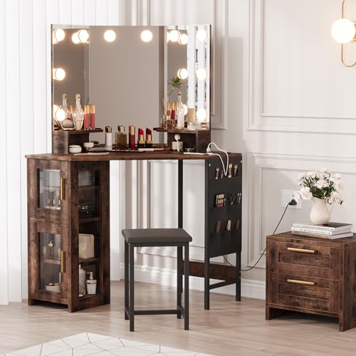 IDEALHOUSE Vanity Desk with Mirror and Lights, 3-Fold Vanity Mirror with Lights Makeup Vanity with Charging Station, Corner Vanity with Acrylic Door Cabinet, Hanging Storage Bag & Stool, Tigerwood IDEALHOUSE