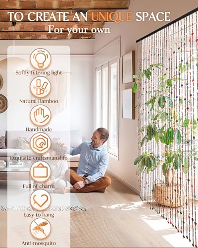 Erfolkerz 38 Strands Beaded Curtain for Doorways -35.4"x79"- Handmade Natural Beaded Curtains,Boho Doorway Wood and Bamboo Bead Curtain-As Insect Screen/Room Divider Erfolkerz
