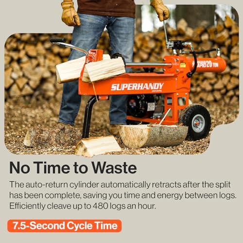 SuperHandy Log Splitter Portable 20 Ton Rapid Auto Return Ram System Bucher Gear Pump 7HP Engine Horizontal Full Beam Steel Wedge Firewood Splitting Forestry Harvesting SuperHandy