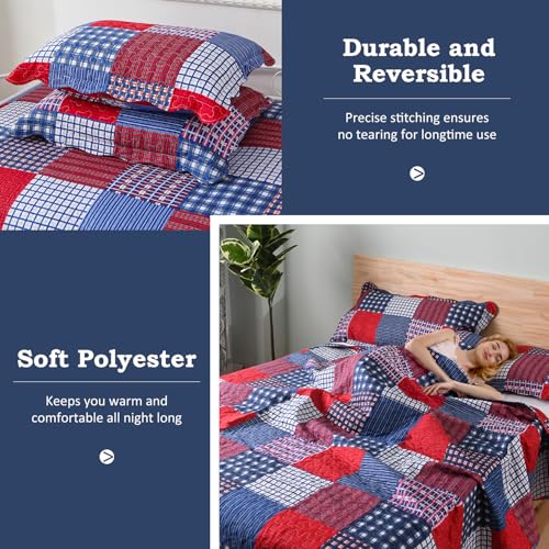 Jessy Home Plaid Quilt Set Twin Bedspread Coverlet Set Red Blue White Patchwork Twin Size Quilt Set Bedding Soft Lightweight Quilts Coverlet Country Reversible Quilt Bed Spread with 2 Pillow Shams Jessy Home