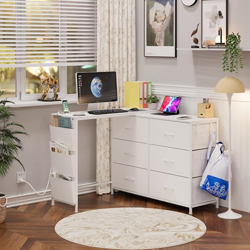 Simoretus Modern Corner Vanity Desk with 6 Fabric Drawers Power Outlet Side Pocket L Shaped Drawers Makeup Desk Dressing Table for Girls Women Bedroom (White) Simoretus