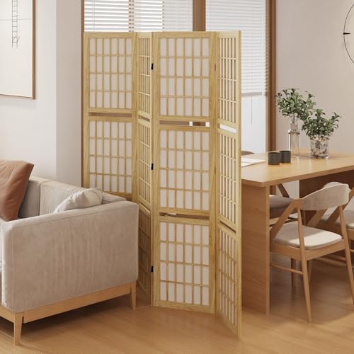 Room Divider with Shelves, 66.9-Inch Tall Japanese Shoji Style Wood Screen with Double Hinges for Home Office Bedroom Hotel Decoration (4 Panels, Natural) Svimi
