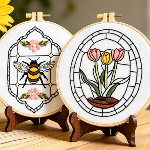 Armindou Flowers Bee Embroidery Kits for Beginners Adults, Floral Hand Embroidery Set Needlepoint DIY Kits, Stamped Cross Stitch Kits for Beginners Adults, 2 Embroidery Hoops (Attached Video Tutorial)