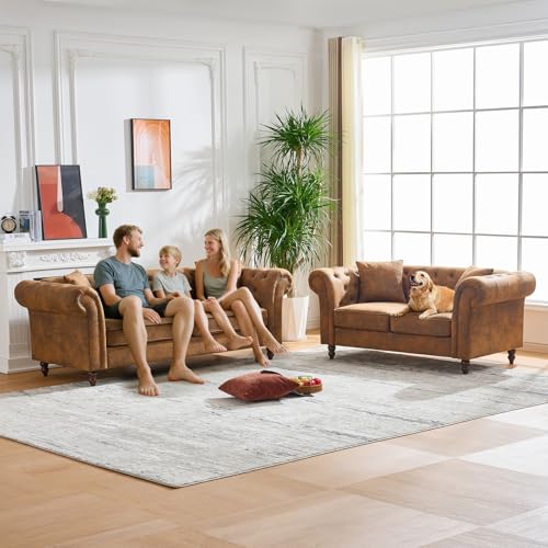 Mid Century Modern Faux Leather Couch Set of 2, Tufted Couch and Loveseat Set muebles para la sala Comfy Chesterfield Upholstered Office Furniture Living Room Sofa Set 2 Piece (Brown, 3+3 Seater) SLEERWAY