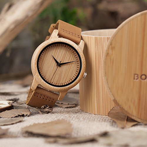 BOBO BIRD Men's Bamboo Wooden Watch with Brown Cowhide Leather Strap Japanese Quartz Movement Sports Casual Watches Gift with Box BOBO BIRD