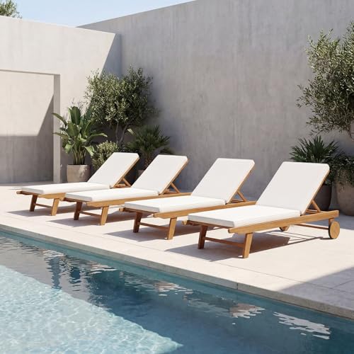 Tangkula Folding Lounge Chair Outdoor, Patio Eucalyptus Wood Chaise Lounge with 5-Level Adjustable Backrest & Cushions, Portable Beach Pool Sunbathing Recliner with Wheels for Outside (1,Off White)